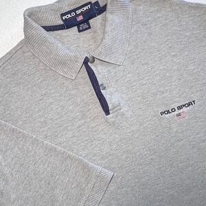 Vintage Polo Sport Ralph Lauren Shirt L Gray USA Flag Logo Golf Sport Athleisure